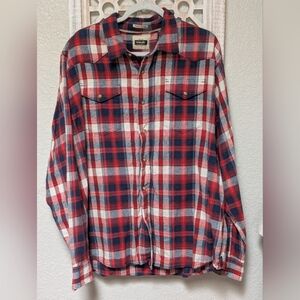 Wrangler Mens 2XL LS Pearl Snap Button Down Shirt Red White Blue Plaid Rodeo
